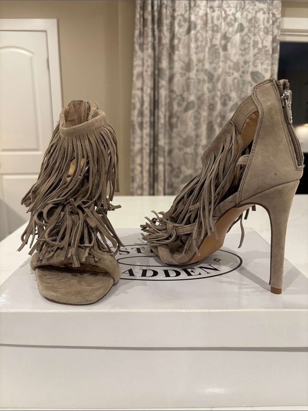 Steve Madden Taupe Suede Fringe Stiletto Sandals